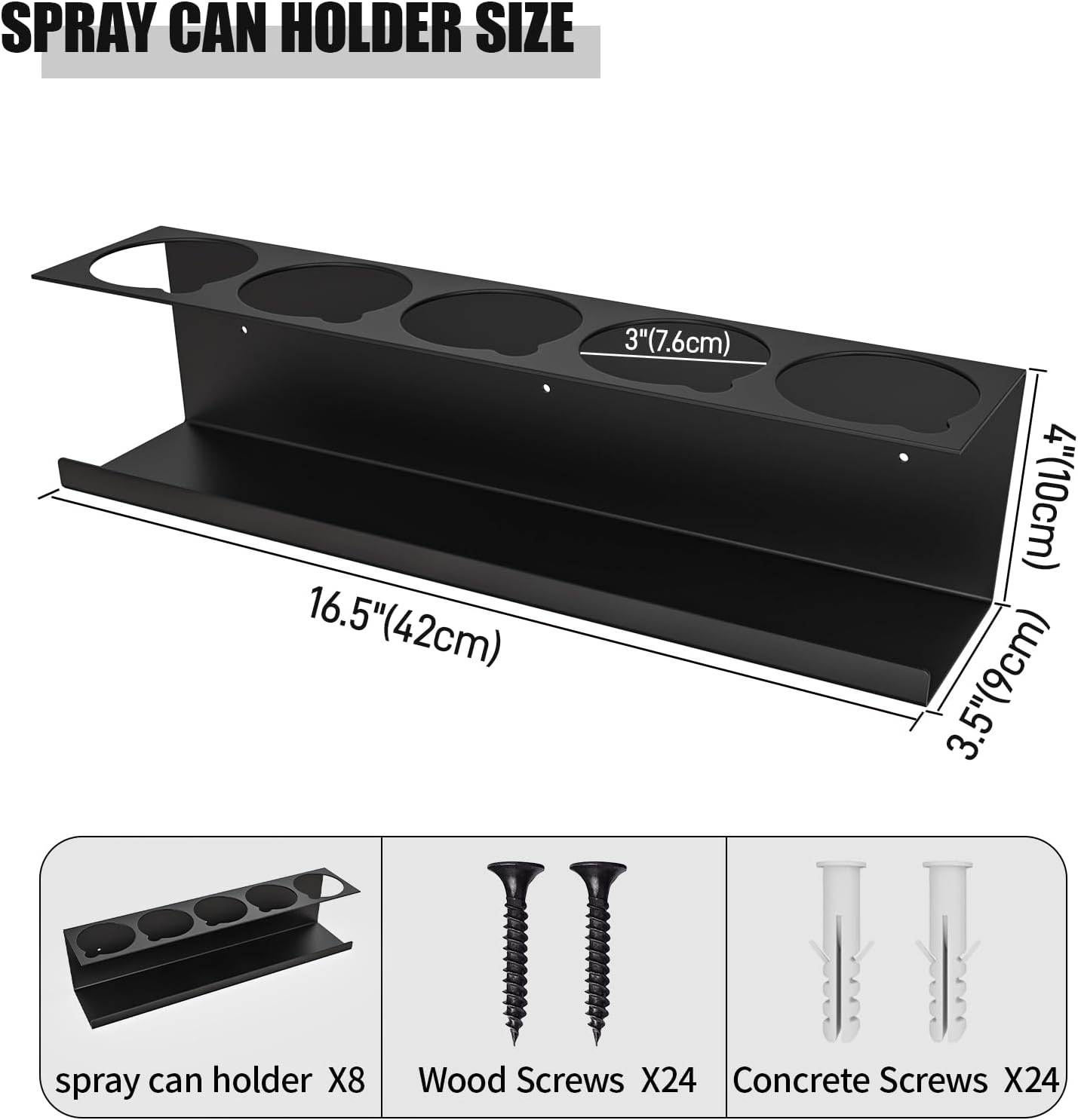 Riciakik 8 Pack Spray Bottle Holder Wall-Mounted, Aerosol Spray Can Holder Storage Rack, Heavy-Duty Paint Bottle Organizer with 40 Holes, Steel Black Spray Rack for Garage, Shop, Home or Tool Trailer