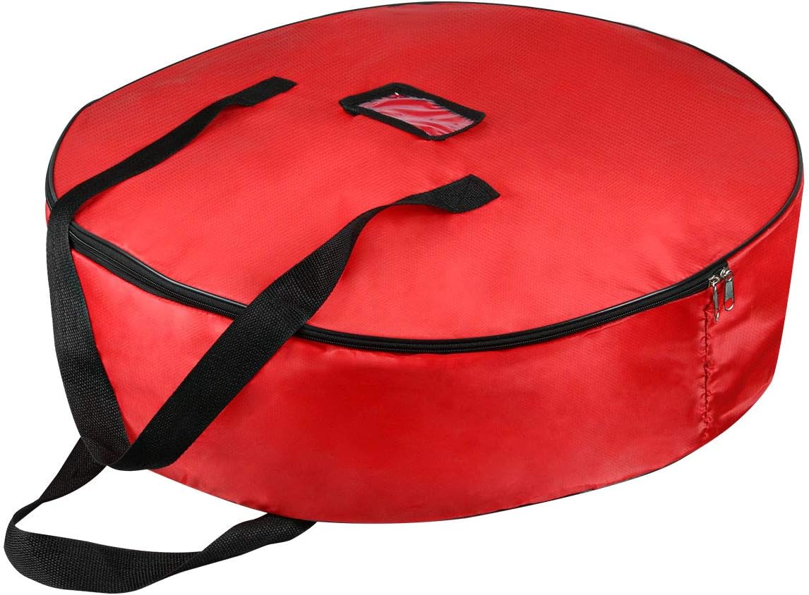 TQS Large Christmas Wreath Storage Bag - 30 Inch, Red, Cotton, Zipper Closure, Reinforced Handles, Double Zippers, Clear Card Slot, Ideal for Christmas Decorations