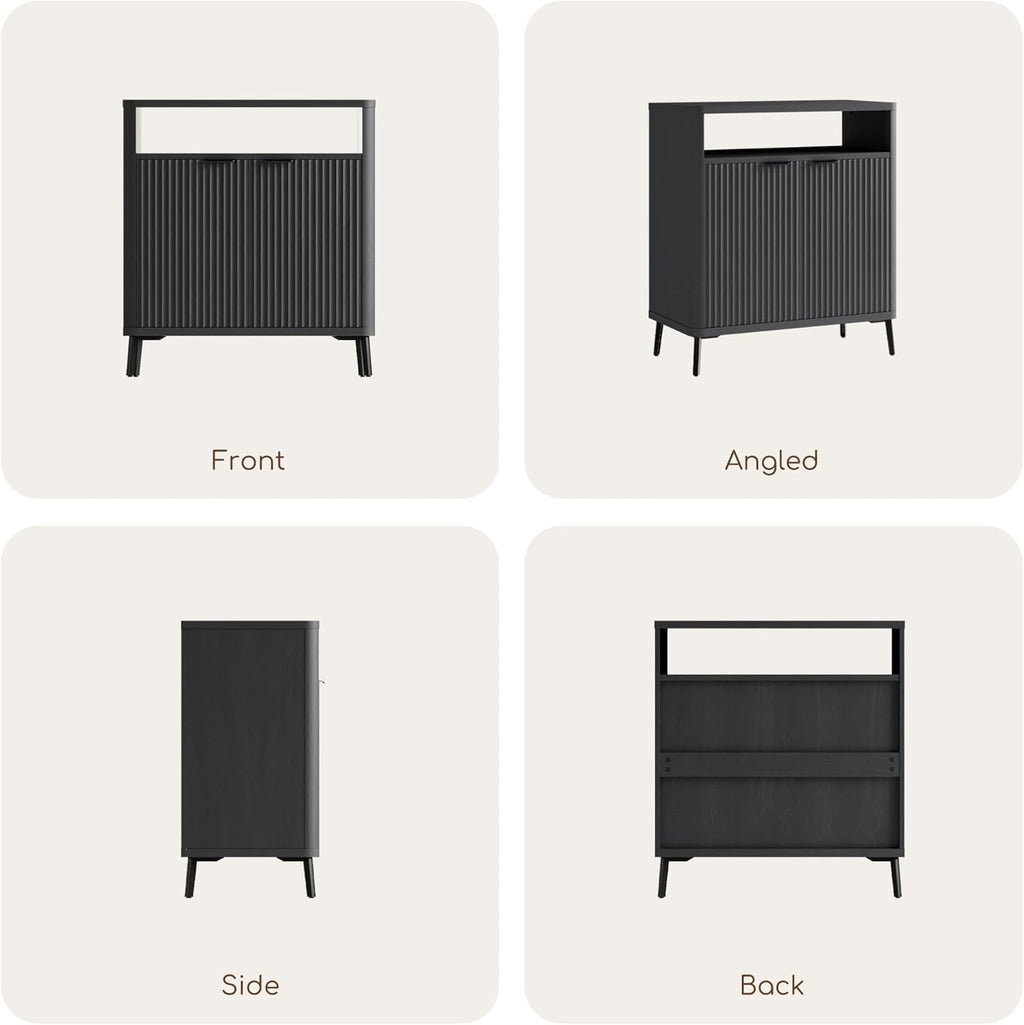 Fatmok Fluted Buffet Cabinet with Storage, 31.4" Wide Wood Sideboard Credenza with 2 Doors & Open Storage Shelf, Modern Coffee Bar Table for Living Room Kitchen Dining Room,Black Grey