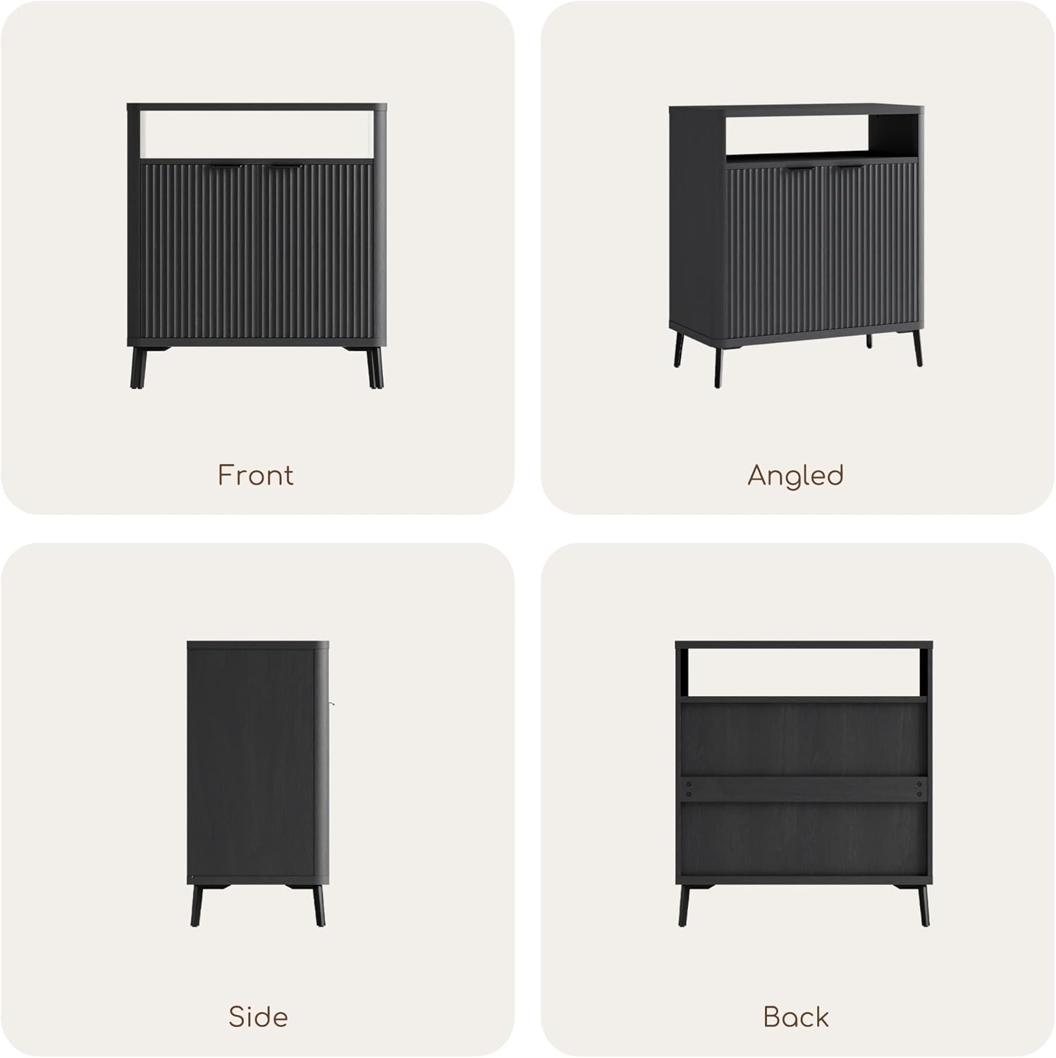 Fatmok Fluted Buffet Cabinet with Storage, 31.4" Wide Wood Sideboard Credenza with 2 Doors & Open Storage Shelf, Modern Coffee Bar Table for Living Room Kitchen Dining Room,Black Grey