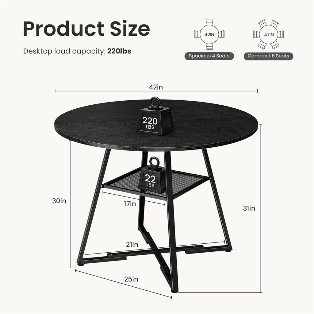DUMOS 42" Round Dining Table for 4-6, Space Saving Kitchen Table with Dual-Tier Storage, Pedestal Metal Frame, Industrial Farmhouse Circle Dinner Table for Apartment, Black