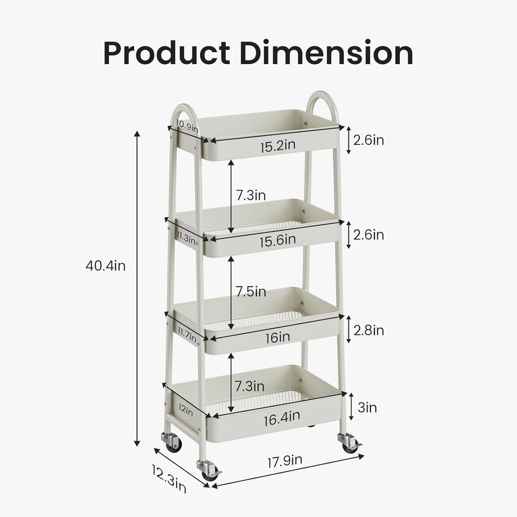 DUMOS 4 Tiers Metal Rolling Utility Cart with Lockable Wheels, Mobile Storage Organizer, Utility Shelving Unit for Kitchen, Office, Bathroom, Laundry, Narrow Places, White