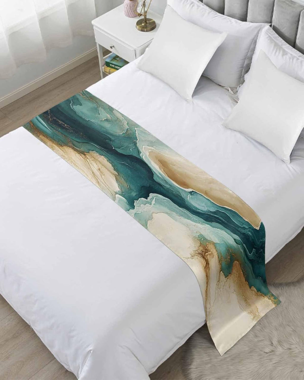 Teal Brown Bed Runners for Queen Size Beds, Decorative Bed Throws for Foot of Beds, Luxury Bedding Protector Slipcover Retro Contemporary Abstract Art Bedrunners & Scarves for Bedroom Hotel, 94"x20"
