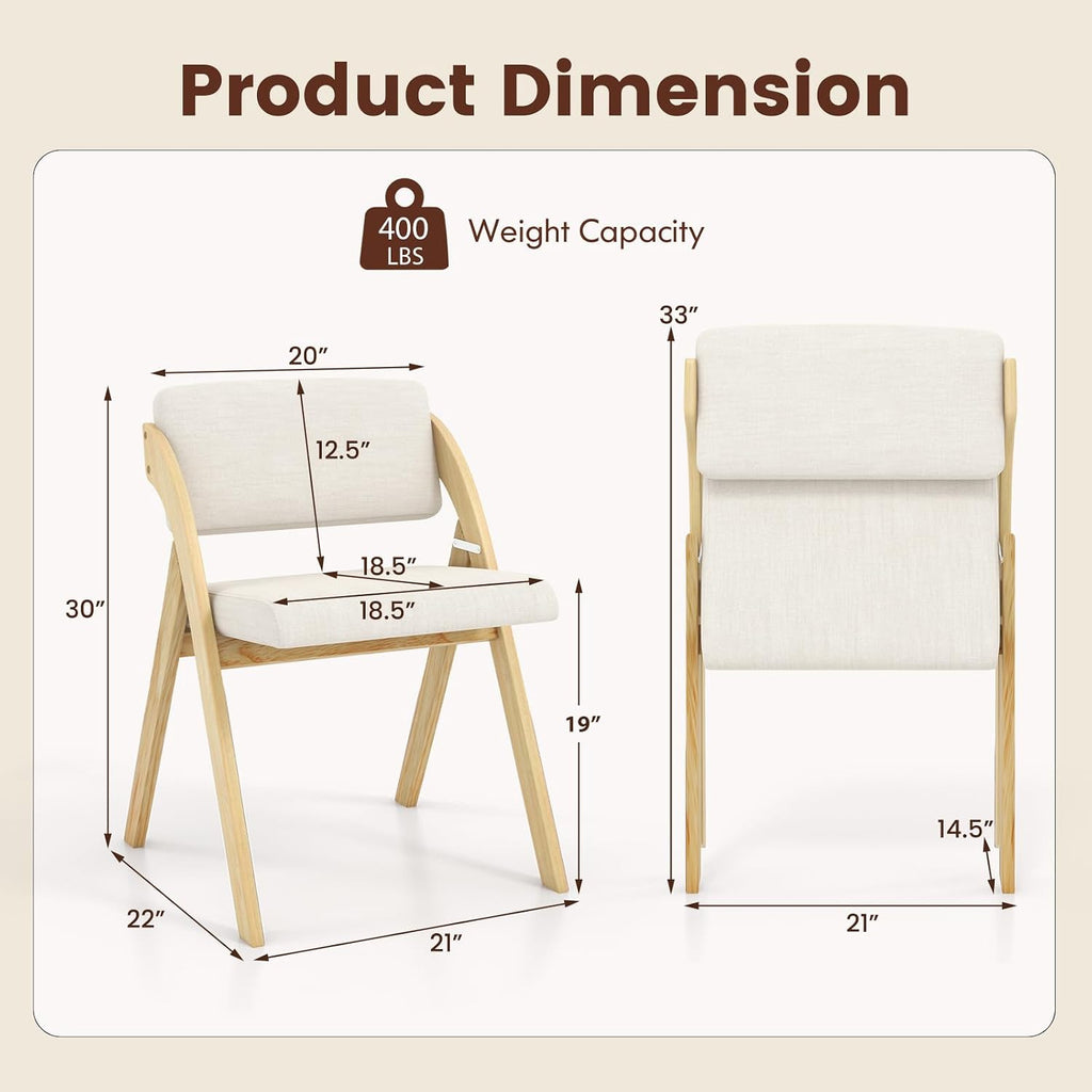 POWERSTONE Folding Chairs Set of 2 with Cushion, Modern Foldable Kitchen Dining Chairs with Rubber Wood Legs for Guests Home Office Wedding Party, No Assembly Natural