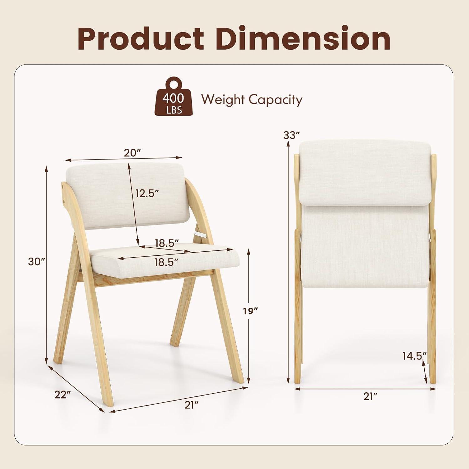 POWERSTONE Folding Chairs Set of 2 with Cushion, Modern Foldable Kitchen Dining Chairs with Rubber Wood Legs for Guests Home Office Wedding Party, No Assembly Natural