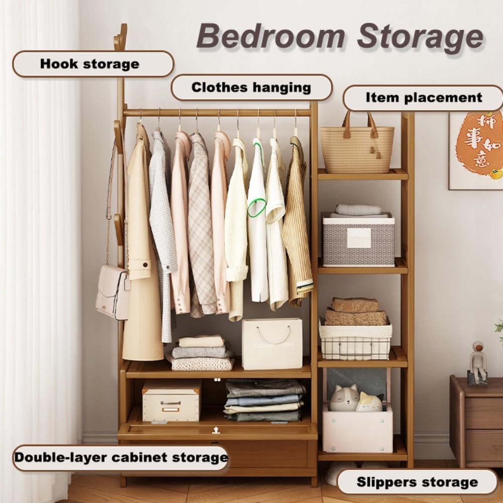 Open Wardrobes for Bedroom,Wardrobe Rack,Wardrobe on Wheels,Clothes Rail with Shoe Rack,Rustic Brown Wardrobe,Wooden Wardrobe with Storage Shelves for Dress,Pants,Shoes,Hats