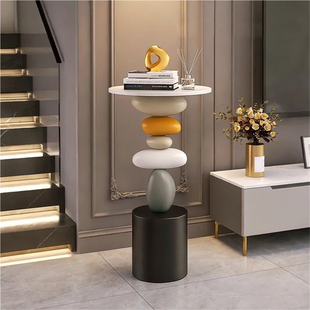 Stone-Shaped Side Table, Resin & Wood End Table, Sofa Side Table for Living Room, Bedroom, Modern Creative Accent Table, Decorative Luck-Inspired Design(Small)