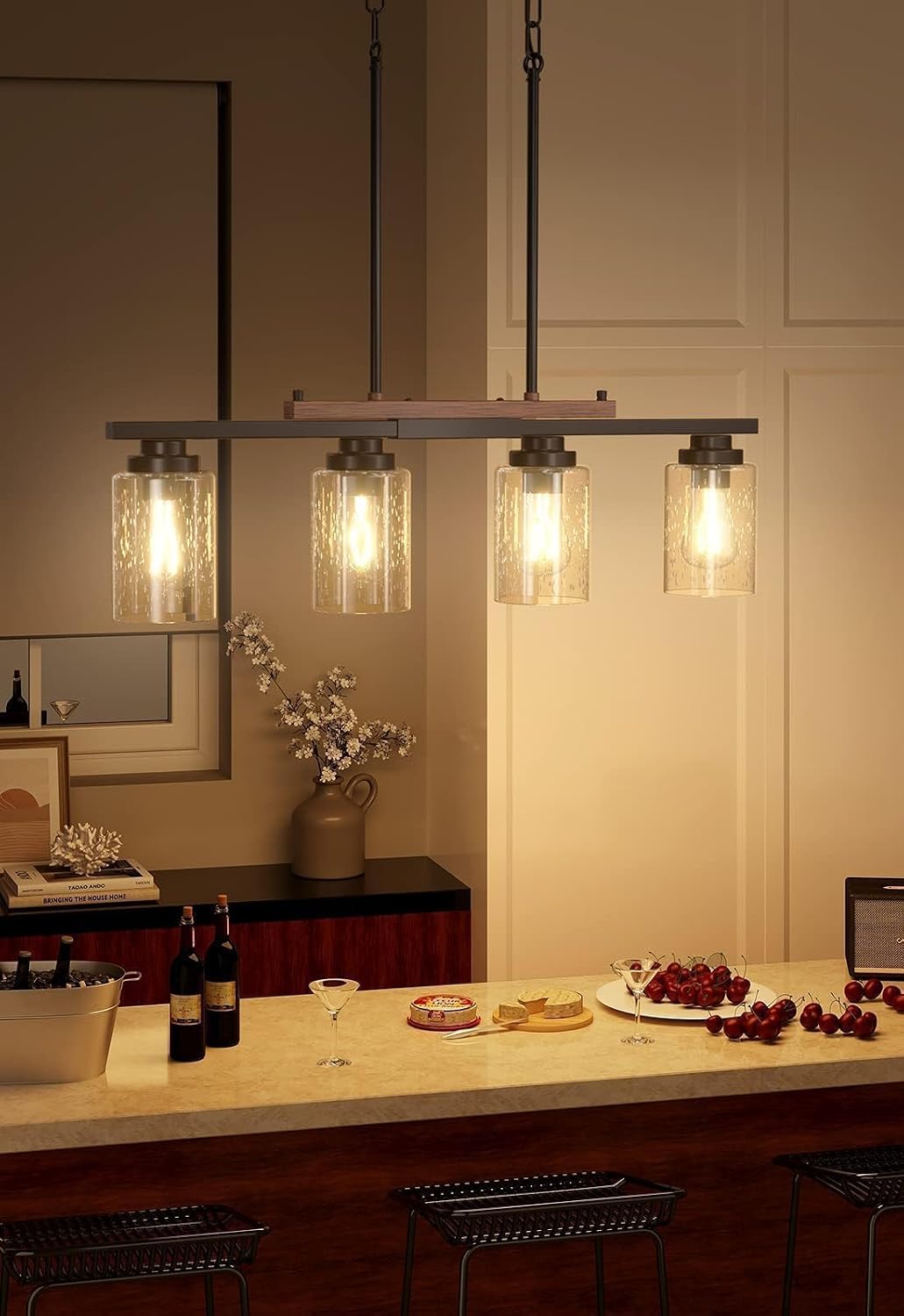 Amico Dining Room Light Fixture 4-Light Kitchen Island Lighting with Adjustable Rods, Farmhouse Decor Black Metal & Wood Chandelier with Seeded Glass Shade, Island Lights for Kitchen