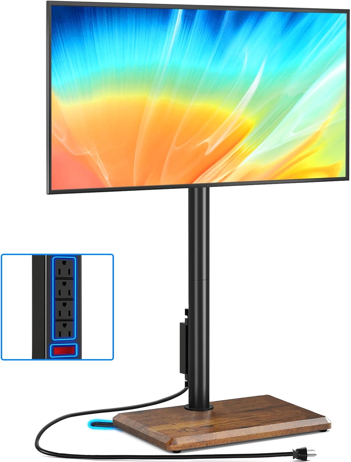 Rfiver Swivel Floor TV Stand with Power Outlet for 32-60 inch TVs, Height Adjustable Tall TV Stand with Wood Base, Hold Up to 88lbs, Saving Space Design for Bedroom, Living Room and Corner (Brown)