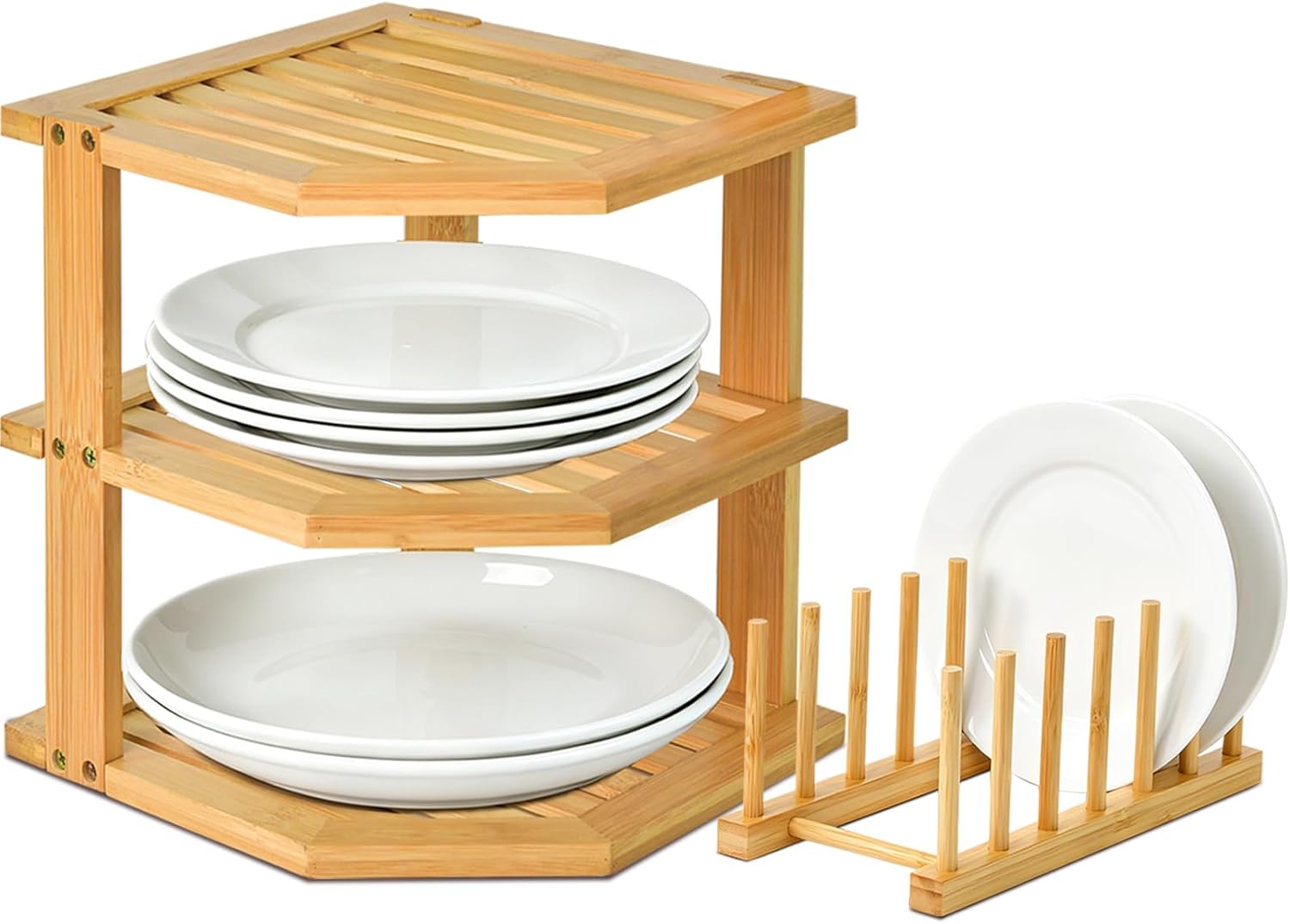 Bamboo Plate Organizer for Cabinet Set,3 Tier Corner Shelf & Vertical Plate Holder, Durable Space Saver Wooden Dish Racks for Kitchen Cabinet RV Plates,Dishes,Bowls,Spice,Lids,Bread Pantry - 1 Set