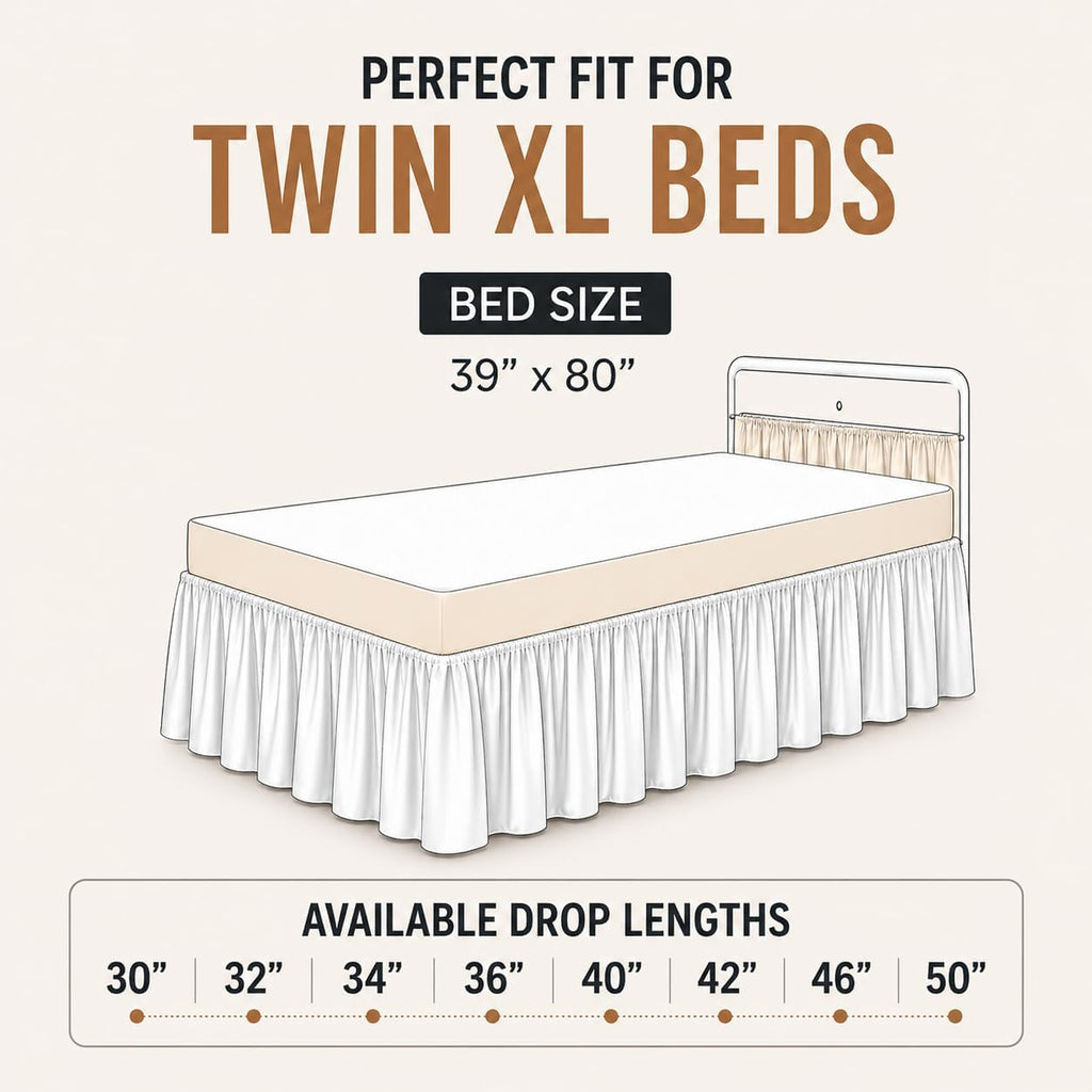 Dorm Bed Skirt Twin XL 36 Inch Drop White, Elastic Easy Fit Dust Ruffle Bedskirt with Split Corners, 100% Microfiber Extra Long Dorm Bedding, College Bed Skirt