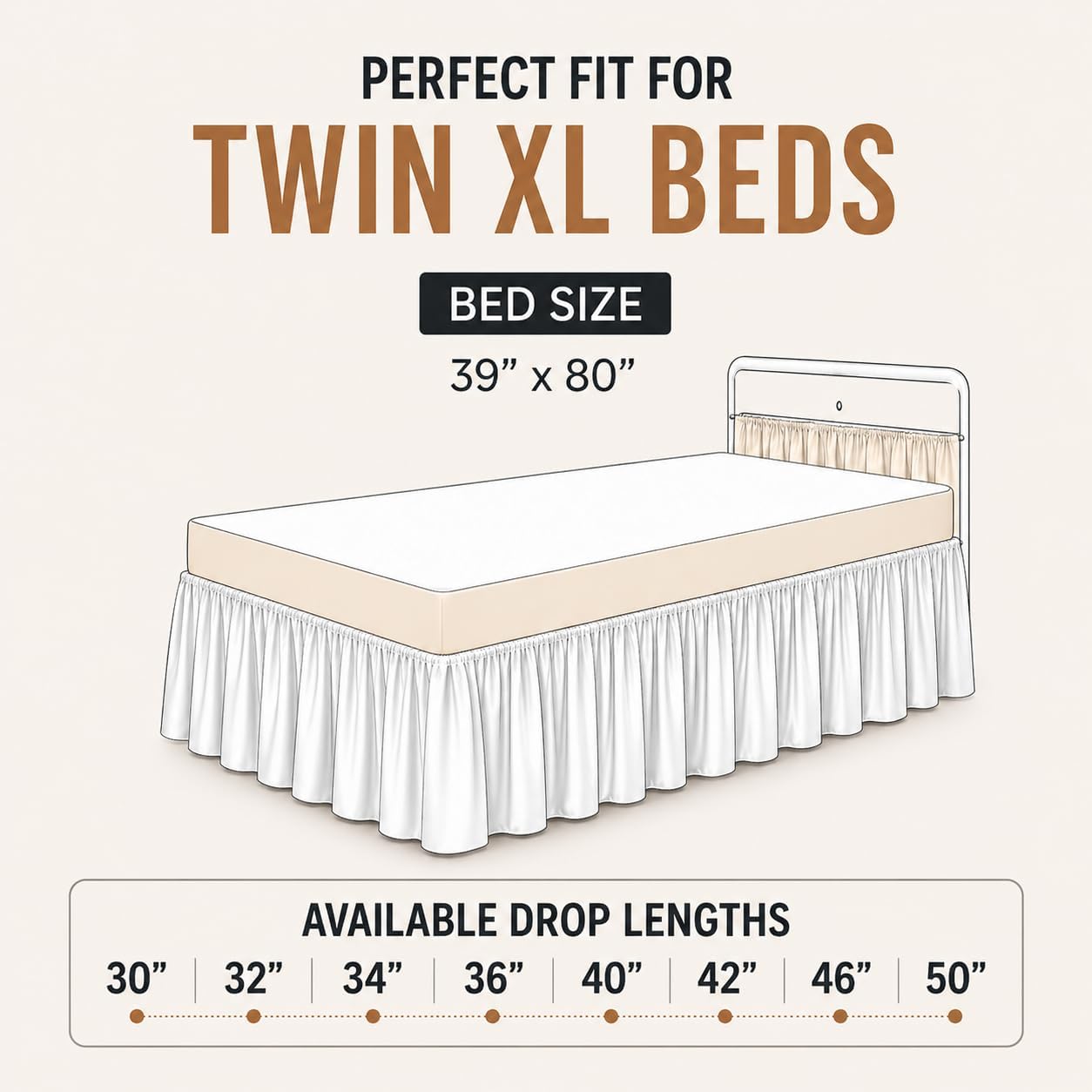 Dorm Bed Skirt Twin XL 36 Inch Drop White, Elastic Easy Fit Dust Ruffle Bedskirt with Split Corners, 100% Microfiber Extra Long Dorm Bedding, College Bed Skirt