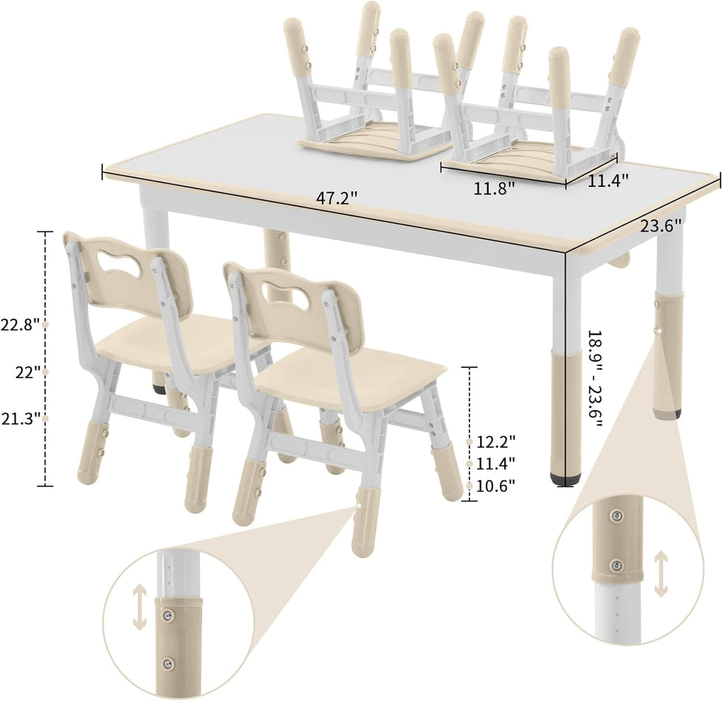 DOREROOM Toddler Table and Chairs Set for 4, 47.2''L x 23.6''W Kids Study Table and Chair Set, Height-Adjustable, Graffiti Desktop, Children Activity Table for Daycare, Classroom, Home