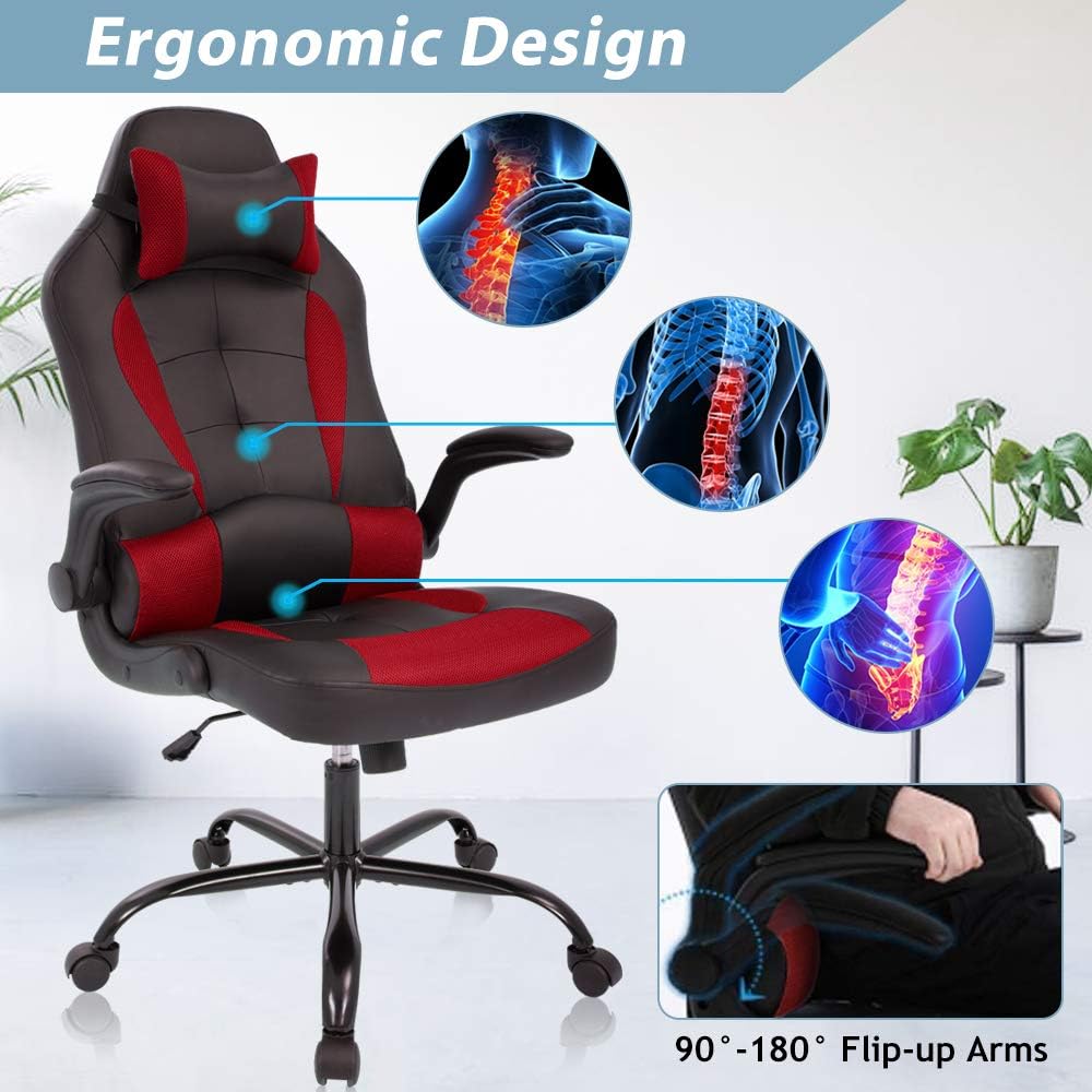 Red Gaming Chair, Ergonomic High Back Executive Office Chair with Flip-Up Arms, Adjustable Height, PU Leather, 300 lbs Weight Capacity