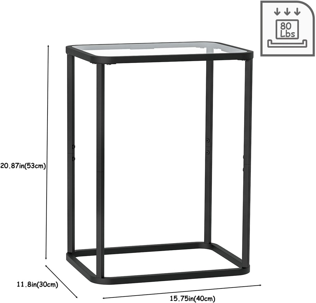 Garden 4 you Glass Side Table, Rectangle End Table with Metal Frame, Modern Bedside Table for Office, Bedroom, Living Room, Study, Small Spaces, Easy Assembly, 15.75 * 11.81 * 20.87 Inches, Black
