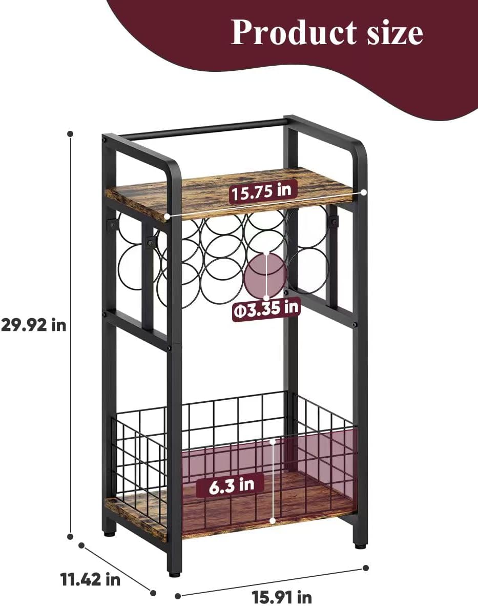 3-Tier Wine Rack Freestanding Floor with Wood Top, Liquor Stand with Wine Bottle Holder, Corner Wine Bar Table for Small Space, Metal Whiskey Shlef for Kitchen, Cellar, Living Room, Black