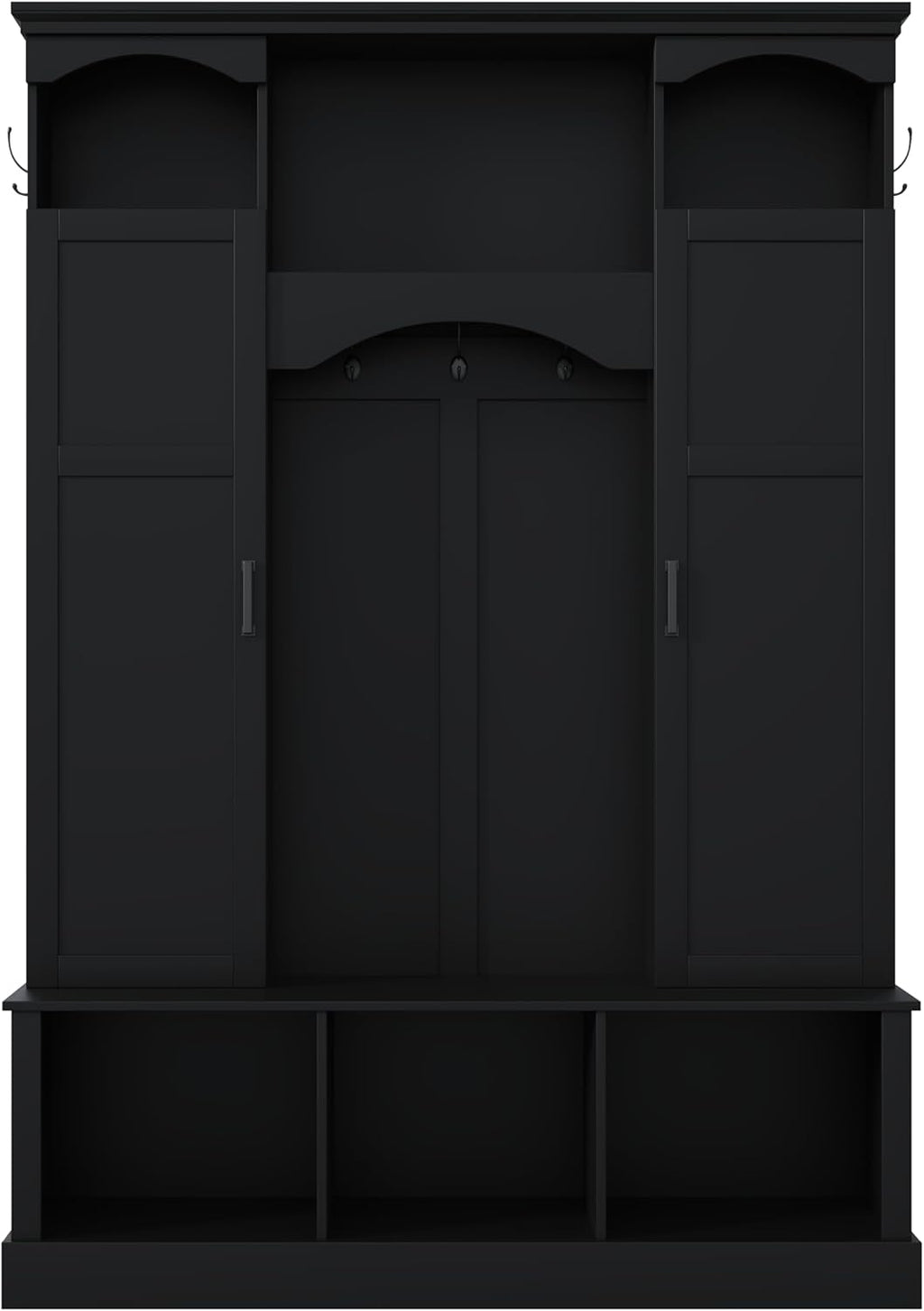 Merax Hall Tree with Bench and Shoe Storage 77.3" Tall with Adjustable Shelves, Modern All-in-One Entryway Bench with 2 Side Cabinets & 7 Hooks, Elegant Arched Design, 55.1"L x 15.7"W (Black)