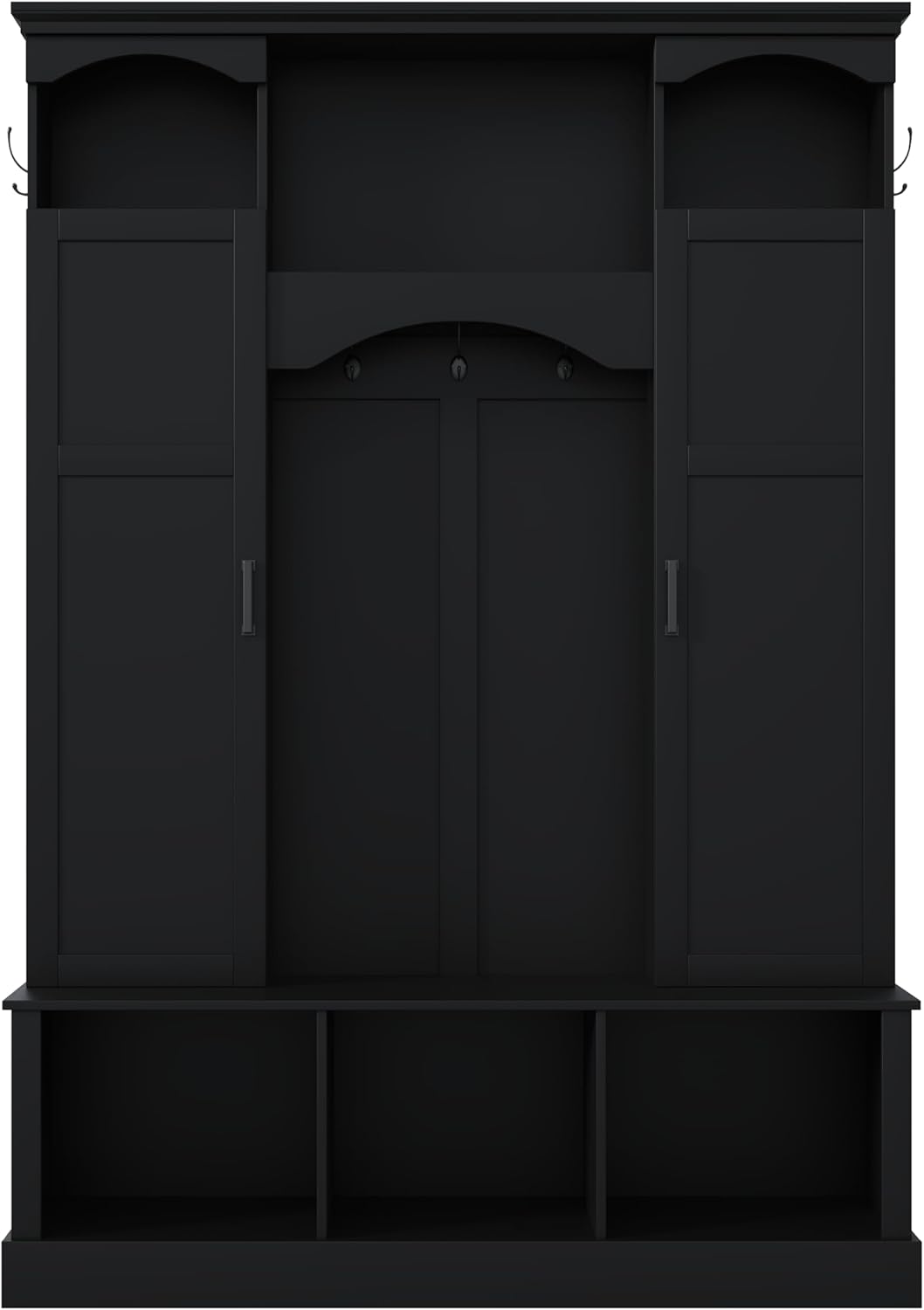 Merax Hall Tree with Bench and Shoe Storage 77.3" Tall with Adjustable Shelves, Modern All-in-One Entryway Bench with 2 Side Cabinets & 7 Hooks, Elegant Arched Design, 55.1"L x 15.7"W (Black)
