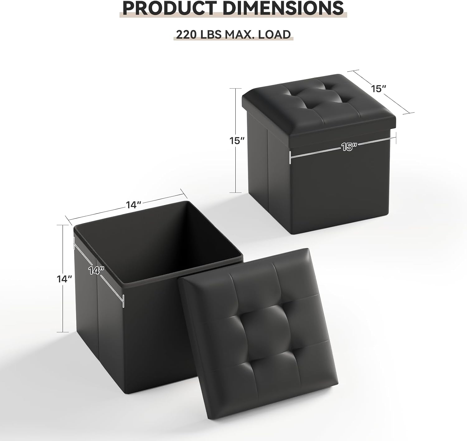 Storage Ottoman Bench, 15 Inch Ottoman Foot Rest, End of Bed Bench, Storage Chest for Living Room, Bedroom, Entryway, Black