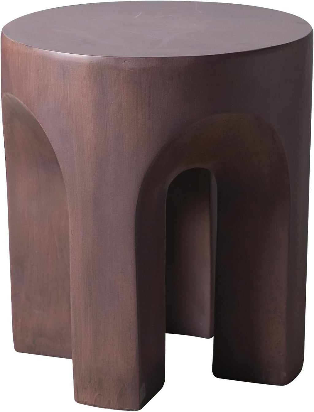 LeisureMod Round Side Table in Fiberstone with Arched Base Design Compact Weather-Resistant for Modern Home, Living Room, Bedroom, Patio Crus Collection (Wood Brown)