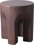 LeisureMod Round Side Table in Fiberstone with Arched Base Design Compact Weather-Resistant for Modern Home, Living Room, Bedroom, Patio Crus Collection (Wood Brown)
