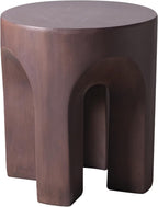 LeisureMod Round Side Table in Fiberstone with Arched Base Design Compact Weather-Resistant for Modern Home, Living Room, Bedroom, Patio Crus Collection (Wood Brown)