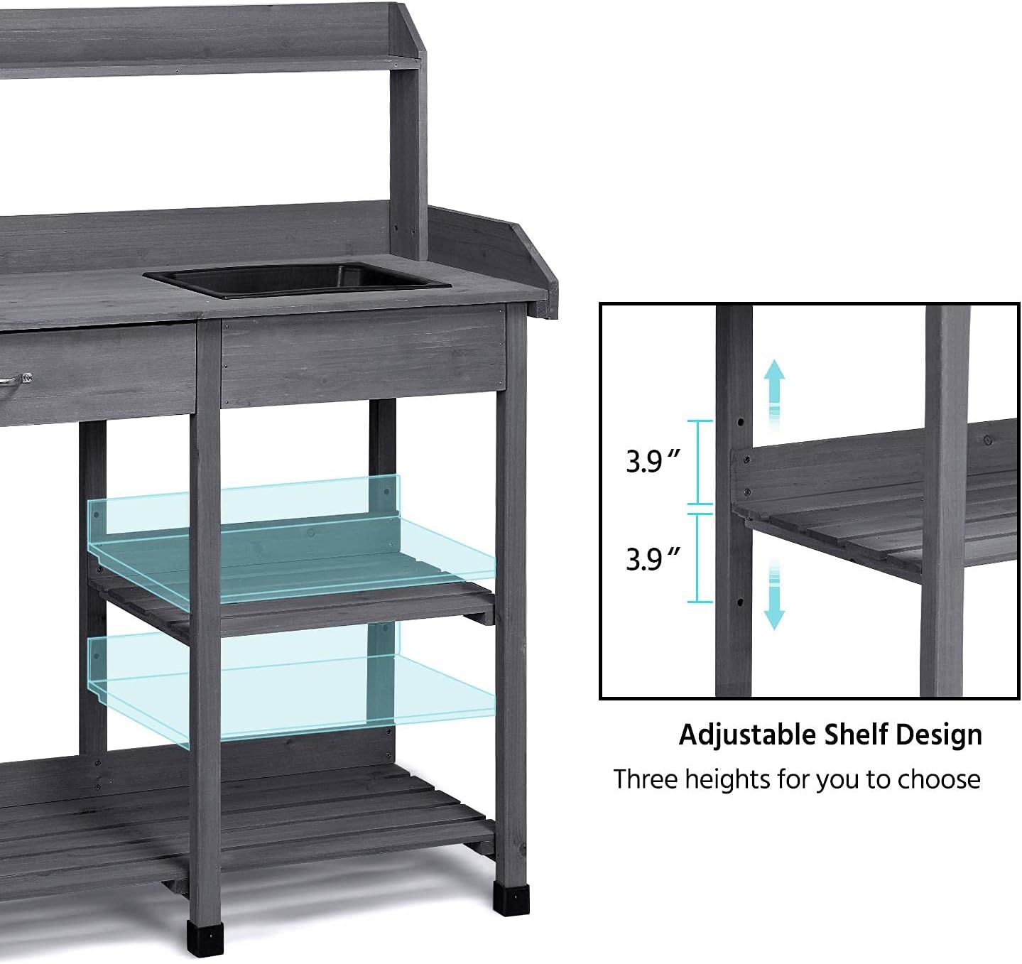 Yaheetech Outdoor Potting Bench Table Potters Benches Garden Workstation for Horticulture with Drawer/Adjustable Shelf Rack/Removable Sink/Hooks/Pads, Gray