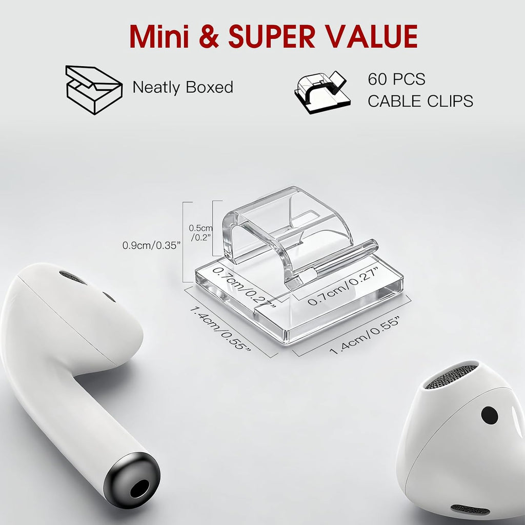 60PCS Adhesive Cable Clips, Heavy-Duty Cord Clips for Cable Management, Outdoor Christmas Light Clips Hooks, Traceless Clear Wire Holders Cord Organizer for Wall, Desk, LED, Car(Small)