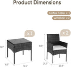 DUMOS 3-Piece Patio Furniture Set, All-Weather Outdoor Wicker Chairs with Removable Cushions & Tempered Glass Table, Small Bistro Set for Porch, Balcony, Lawn, Backyard, Black