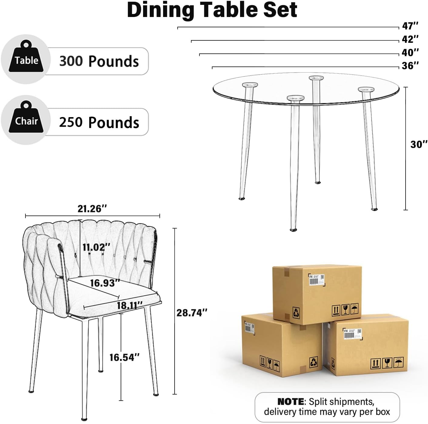 Gold Glass Round Dining Set for 2, 36'' Modern Minimalist Luxury Circle Dinner Room Set, 3 Piece Clear Glass Circular Kitchen Table with Pink Woven Chair Set, for Small Apartment Home