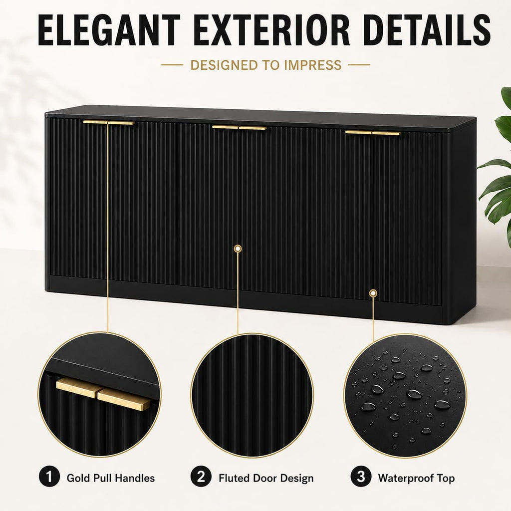Fluted Sideboard Buffet Cabinet, 67" Credenza Storage Cabinet with 6 Doors,Media Console Table for Living Room Kitchen Entryway,Anti-Tip (Black)