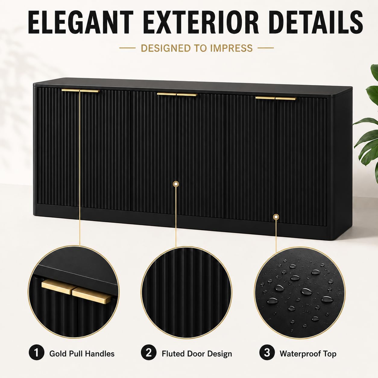 Fluted Sideboard Buffet Cabinet, 67" Credenza Storage Cabinet with 6 Doors,Media Console Table for Living Room Kitchen Entryway,Anti-Tip (Black)