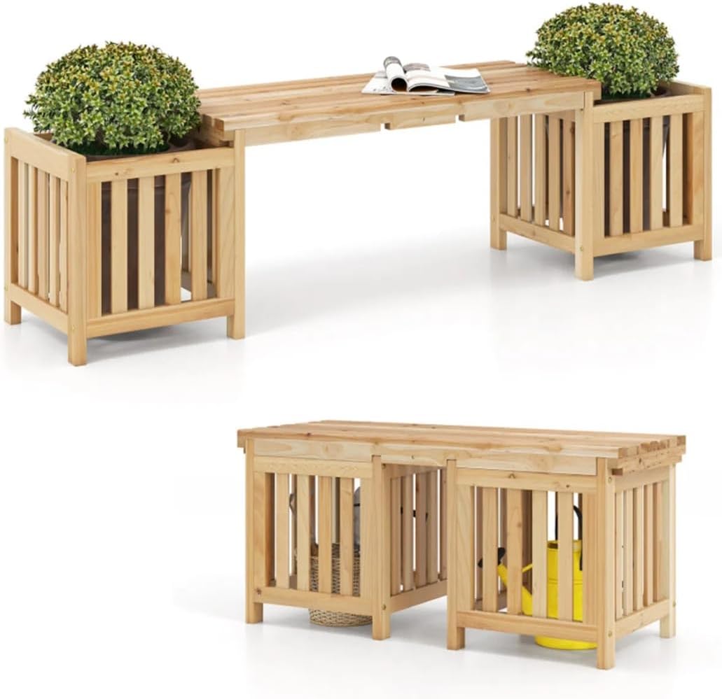 2-in-1 Wooden Garden Bench with 2 Planter Boxes, Fir Wood Outdoor Patio Seat for Yard and Lawn