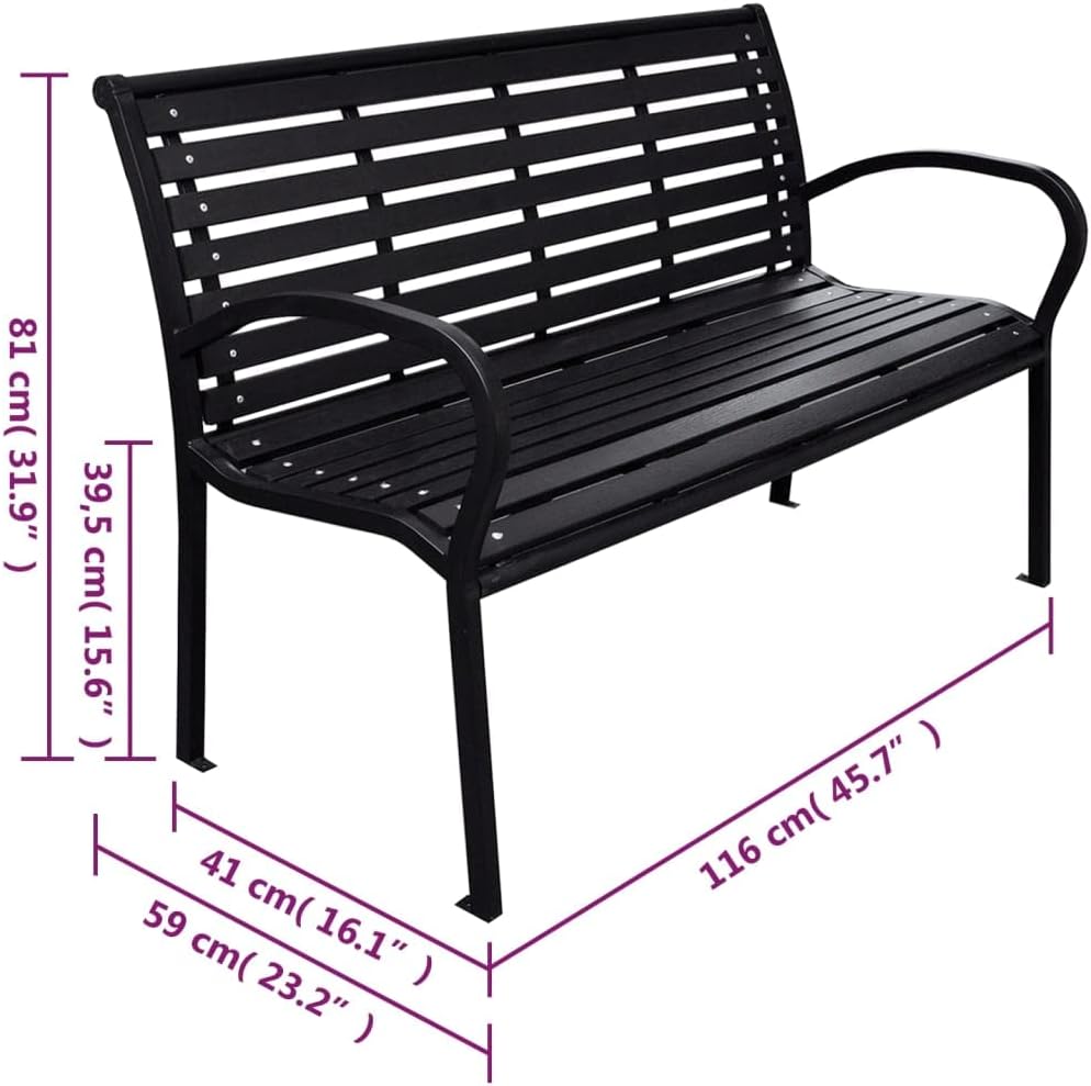 Garden Bench Black WPC (Wood Plastic Composite), Steel 116 cm Wide,The Ultimate Durable Garden Bench for Outdoor Comfort Patio Furniture