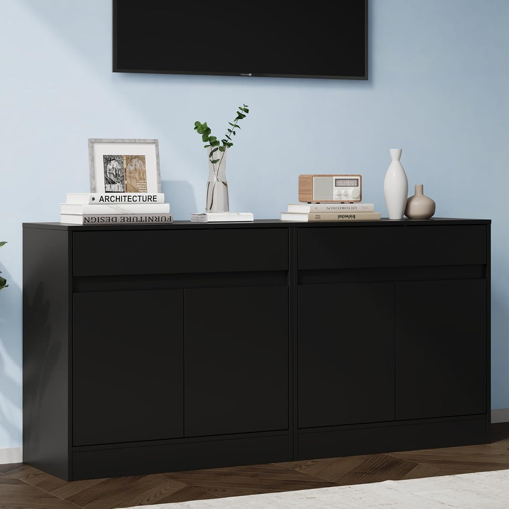 Housoul Buffet Cabinet (Set of 2), Coffee Bar Cabinet with 2 Doors and Drawer, Modern Sideboard Buffet with Adjustable Shelves for Kitchen, Living Room, Black