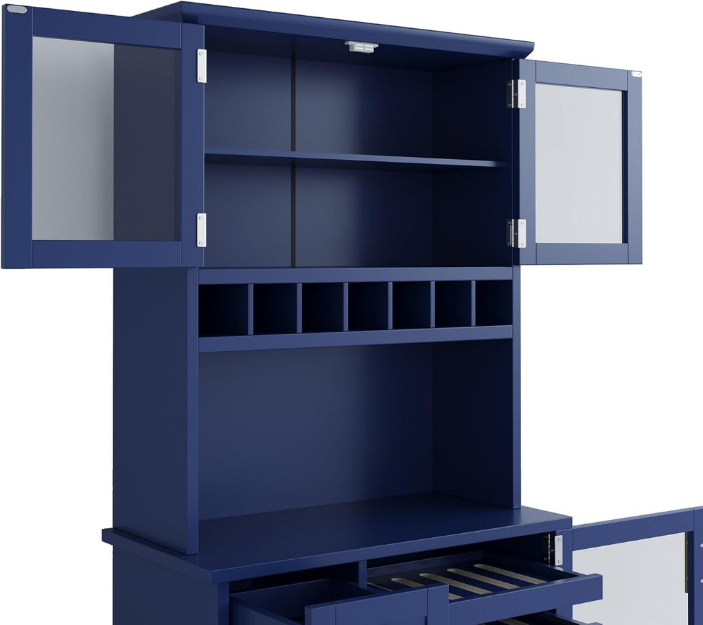Farmhouse Freestanding Buffet with Hutch, Tall Kitchen Pantry with Wine Rack and Adjustable Shelves,for Dining Room (Blue-W)