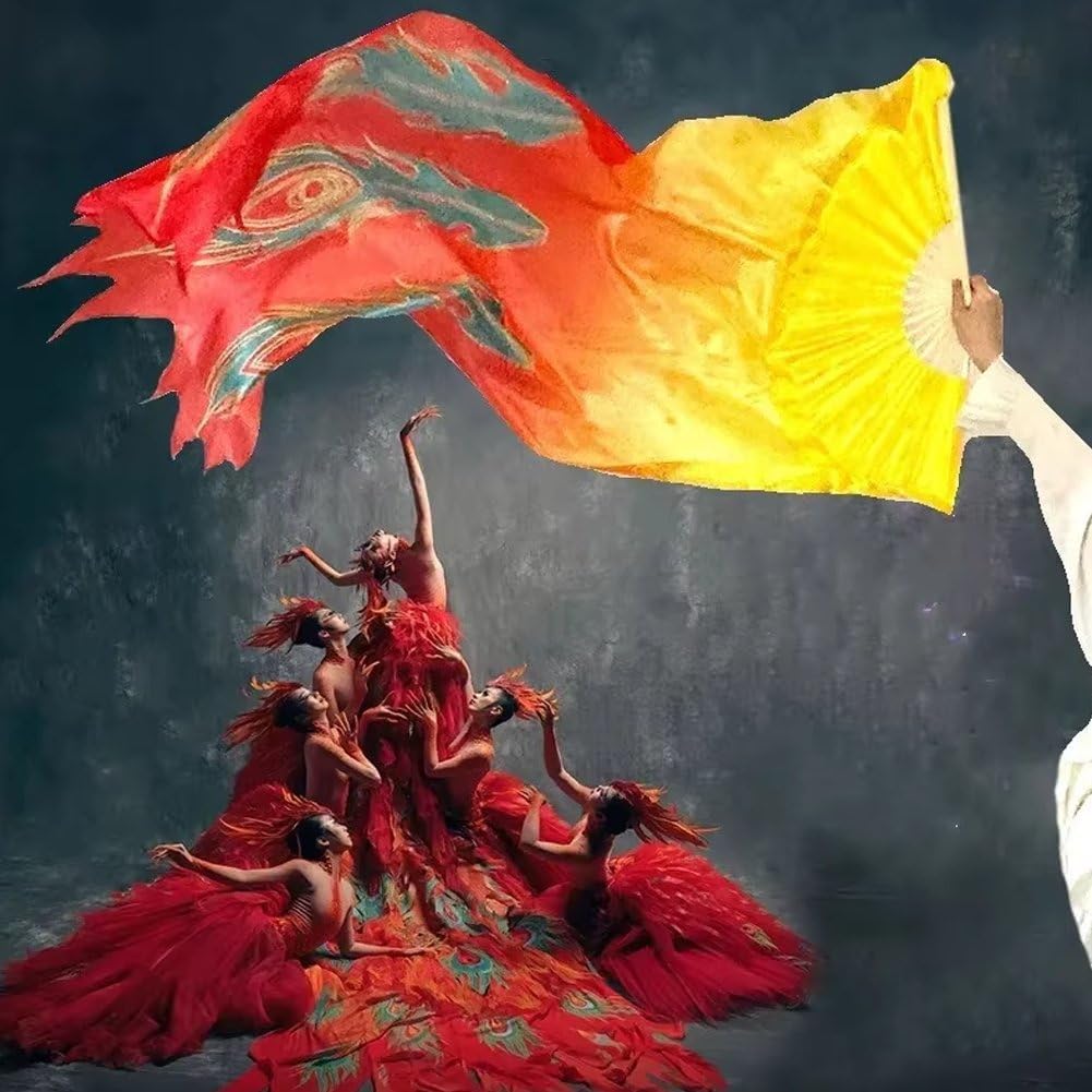Belly Dance Fan Veil, Colorful Long Folding Bamboo Fan with Silk Streamers for Dancer Art Show Party Performance