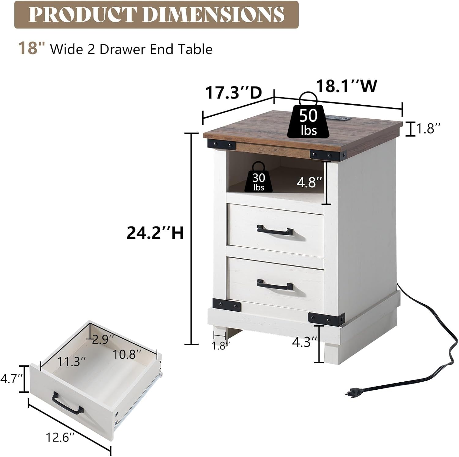 AMERLIFE Farmhouse End Table Set of 2, 18" Wood Nightstands with Charging Station and 2 Drawers, Heavy Duty Bedside Tables for Bedroom or Living Room, Antique White