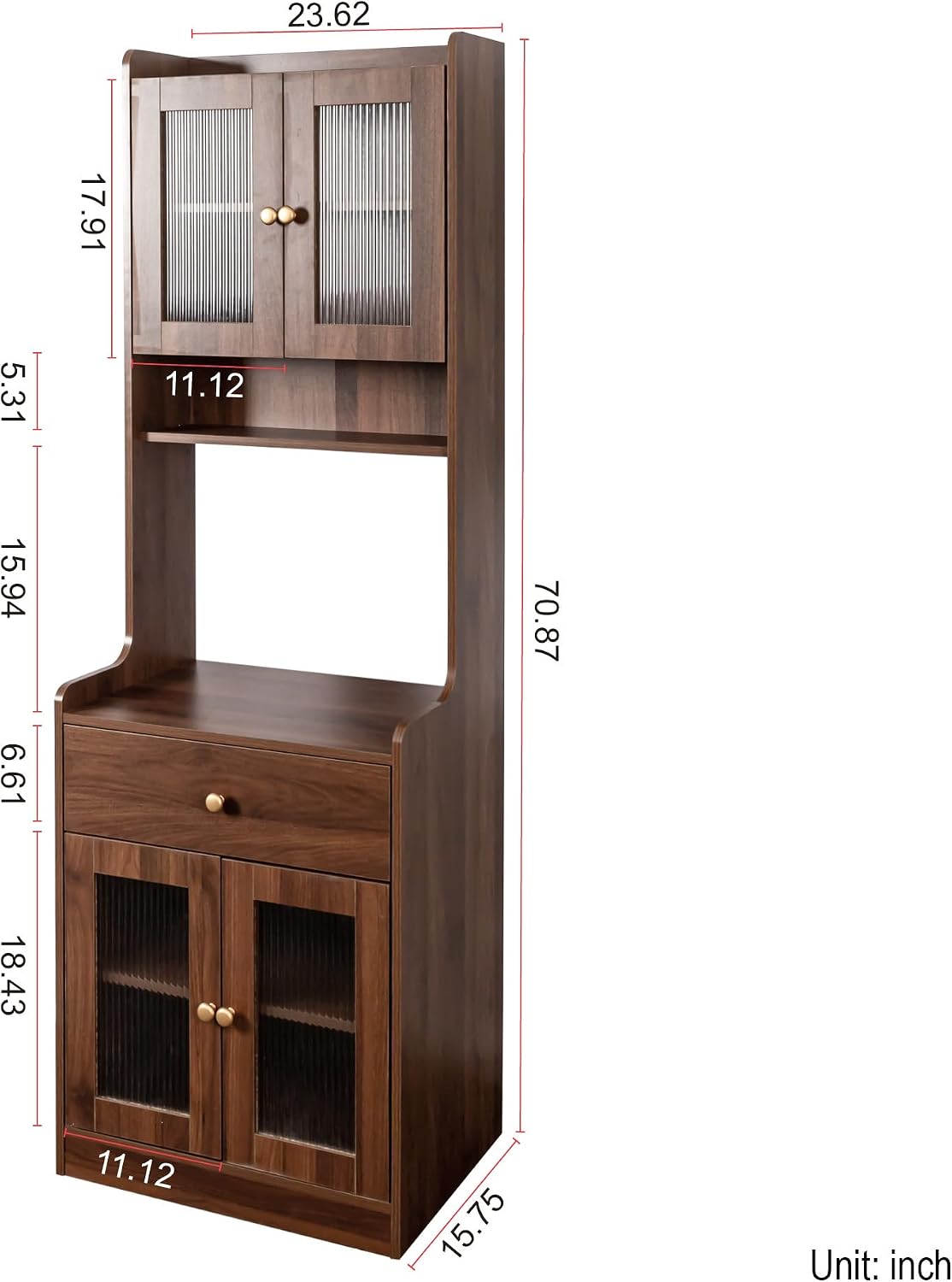 roomfitters Kitchen Pantry Hutch Cabinet, Tall Farmhouse Buffet with Microwave Stand and Storage Shelves, Walnut Brown