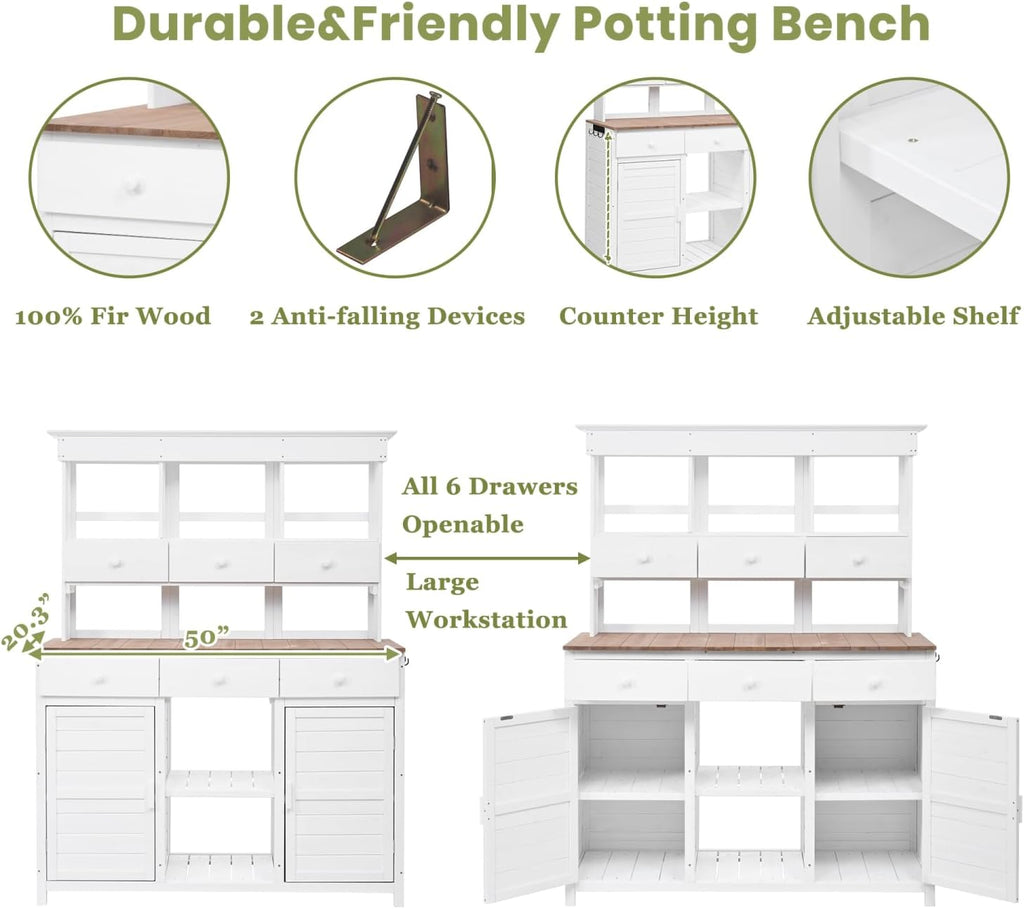 65.7" H Tall Garden Potting Bench with Hutch, 3 Shelves, 6 Drawers, 2 Cabinets, Side Hooks