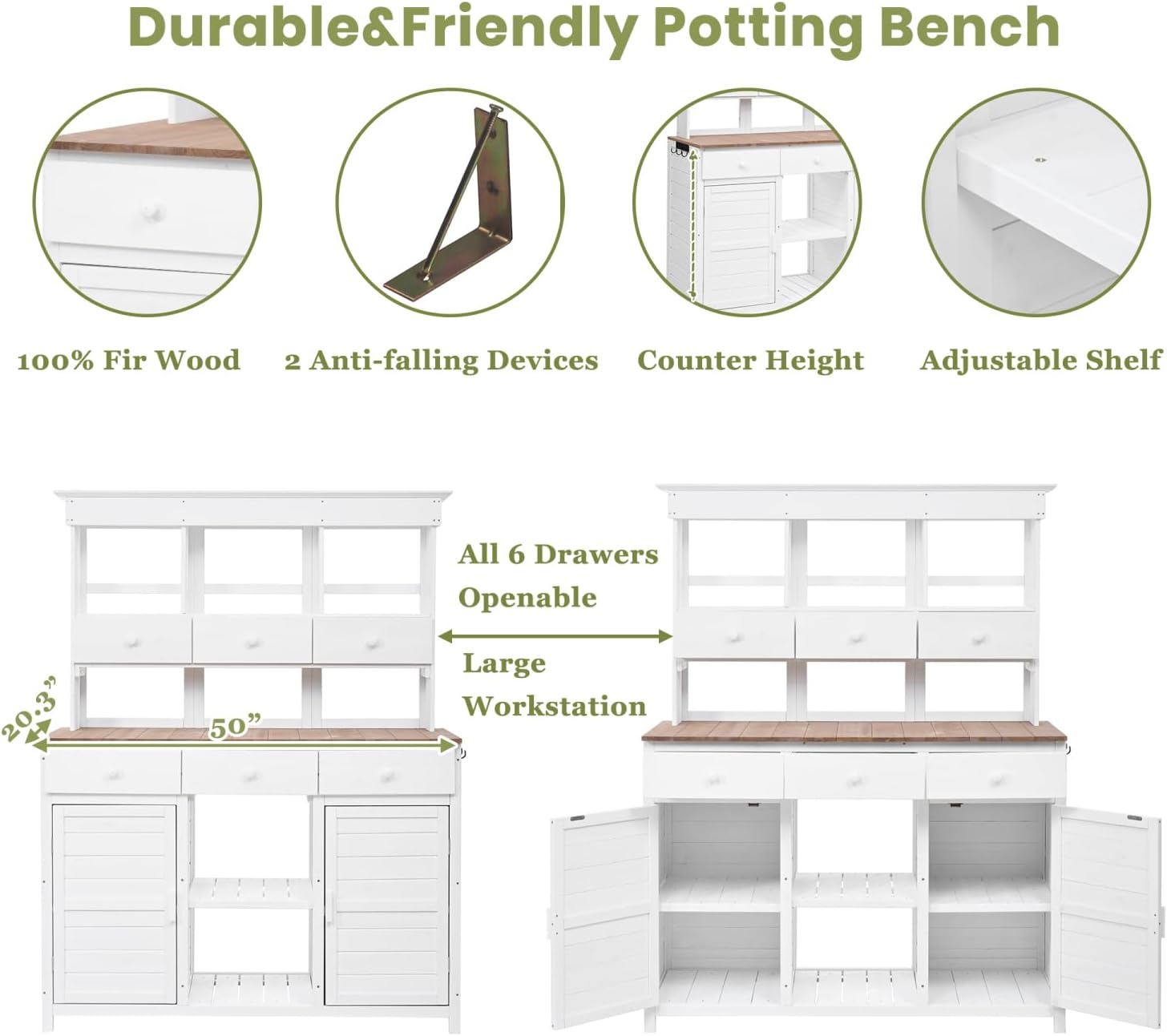 65.7" H Tall Garden Potting Bench with Hutch, 3 Shelves, 6 Drawers, 2 Cabinets, Side Hooks