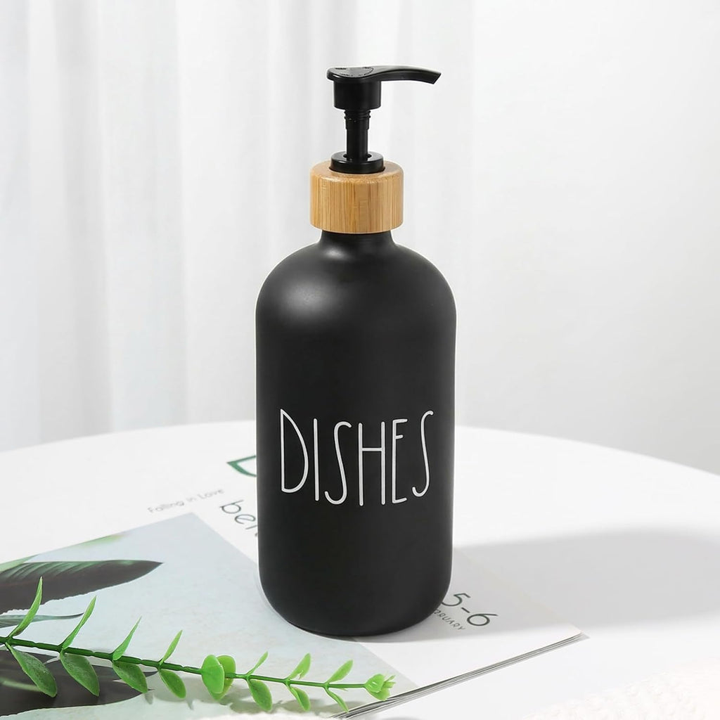 Dish Soap Dispenser for Kitchen, Matte Black Soap Dispenser, Glass Dishes Soap Dispenser with Bamboo Pump, 17 Fl Oz Refillable Liquid Soap Bottle Container, Farmhouse Kitchen Deco
