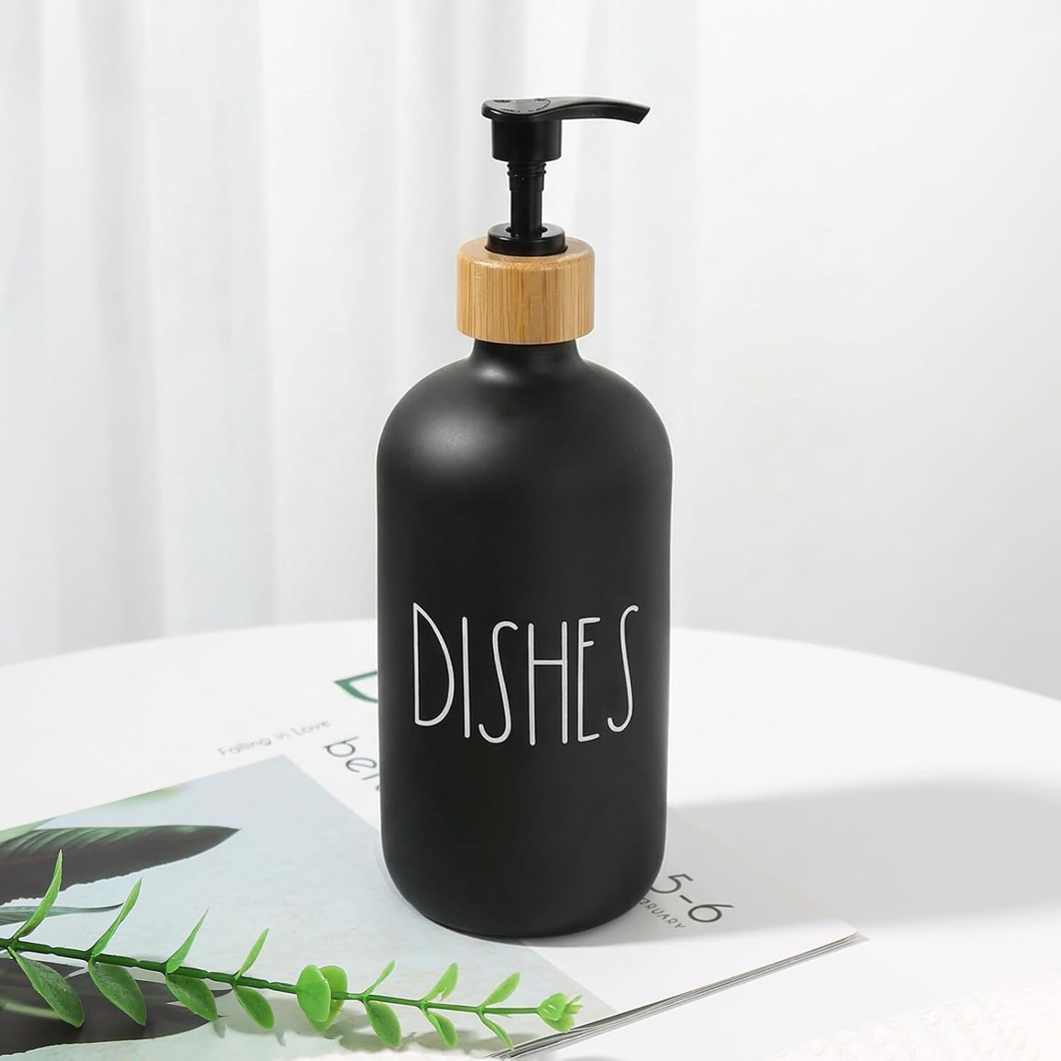 Dish Soap Dispenser for Kitchen, Matte Black Soap Dispenser, Glass Dishes Soap Dispenser with Bamboo Pump, 17 Fl Oz Refillable Liquid Soap Bottle Container, Farmhouse Kitchen Deco