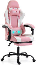 Gaming Chair with Footrest for Adults, PU Leather Video Game Chair with Massage Lumbar Support for Men Women, Ergonomic Computer Gamer Chair for Home Office, Height Adjustable, Pink