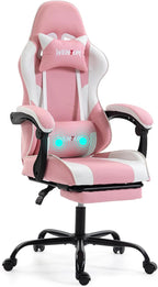 Gaming Chair with Footrest for Adults, PU Leather Video Game Chair with Massage Lumbar Support for Men Women, Ergonomic Computer Gamer Chair for Home Office, Height Adjustable, Pink