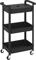 MIOCASA 3-Tier Utility Rolling Cart with Cover Top Board, Kitchen Storage Organization Cart with Wheels for Office, Classroom, Living Room, Kitchen, Bathroom, Black, Plastic
