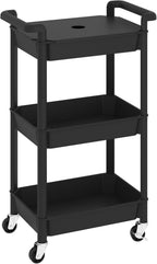 MIOCASA 3-Tier Utility Rolling Cart with Cover Top Board, Kitchen Storage Organization Cart with Wheels for Office, Classroom, Living Room, Kitchen, Bathroom, Black, Plastic