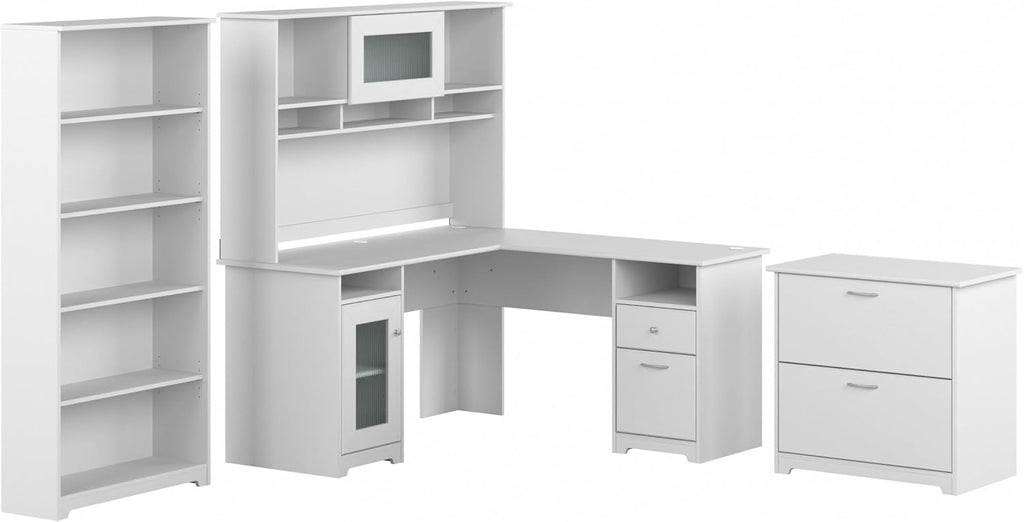Bush Furniture L Shaped Desk with Hutch, 5 Shelf Bookcase and Lateral File Cabinet | Cabot Collection Corner Computer Table with Storage and Bookshelf | 60Wx23DX37W
