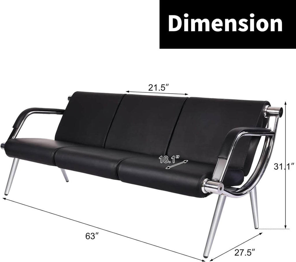 Kinsuite 9-Seat Office Reception Waiting Room Chairs - 3pcs 3-seat Guest & Reception Chairs for Salon Barber Bench Airport Bank Hall Visitor Guest Black PU Leather Office Sofa, Black