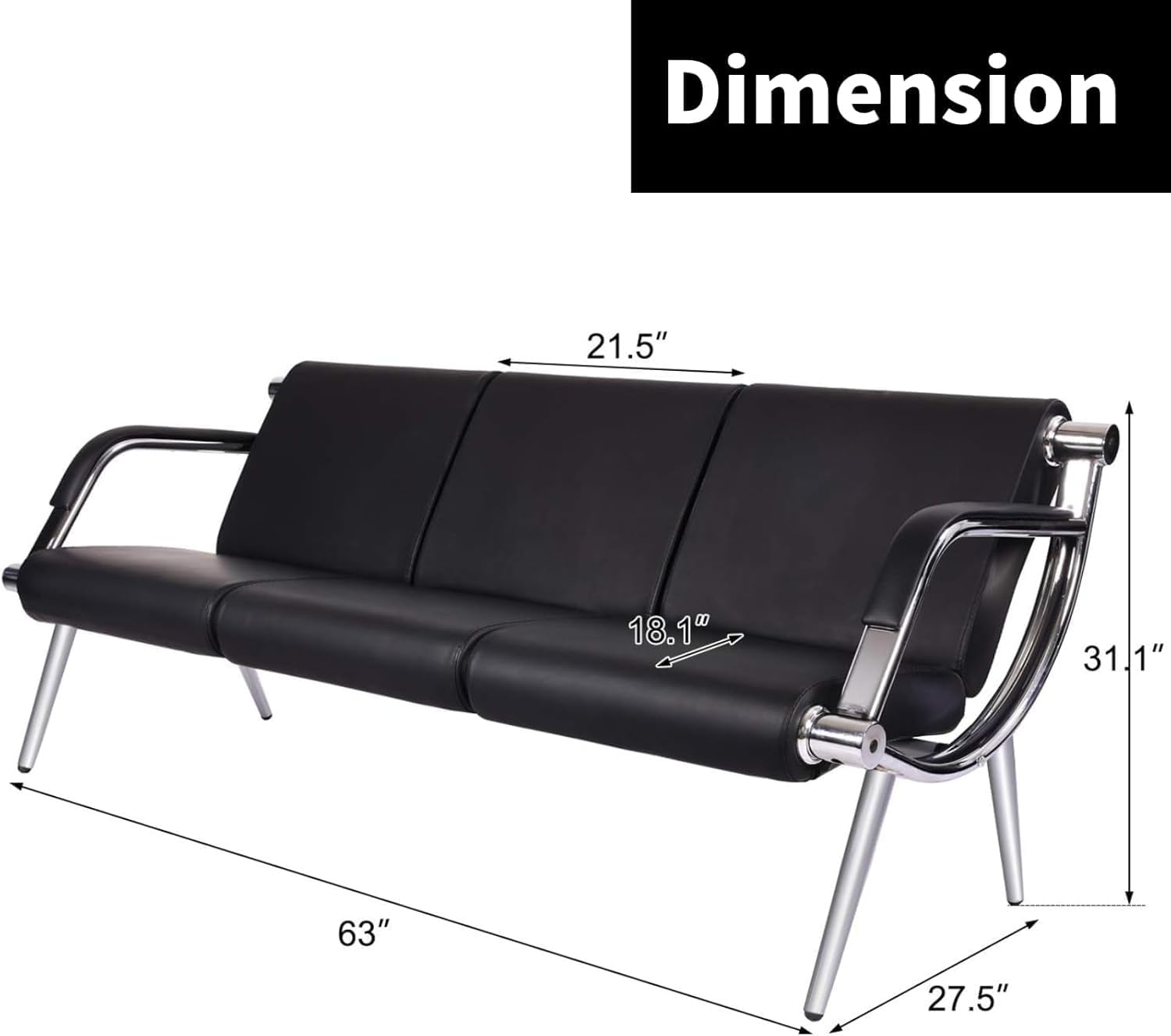 Kinsuite 9-Seat Office Reception Waiting Room Chairs - 3pcs 3-seat Guest & Reception Chairs for Salon Barber Bench Airport Bank Hall Visitor Guest Black PU Leather Office Sofa, Black